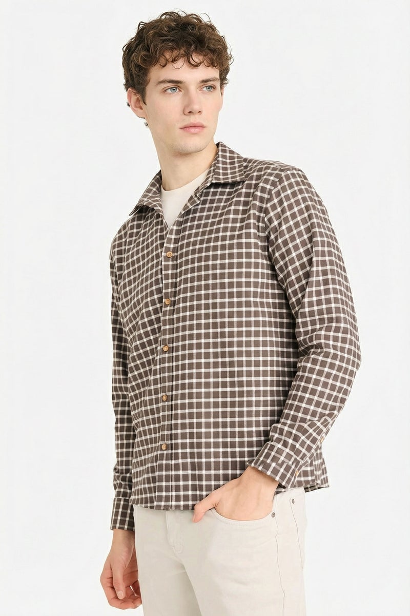 DeFacto Brown Man 100% Cotton Plaid Shirt Casual - Image 3